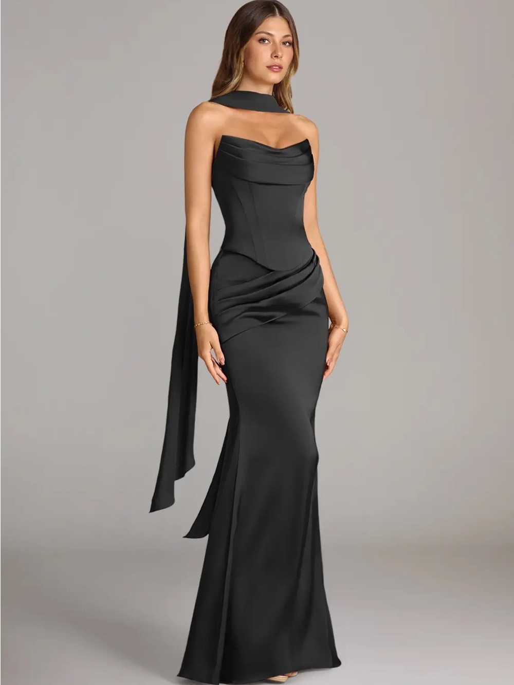 Azazie Sorrel Black Mermaid Strapless Stretch Satin Convertible Dress - Picture 6 of 9